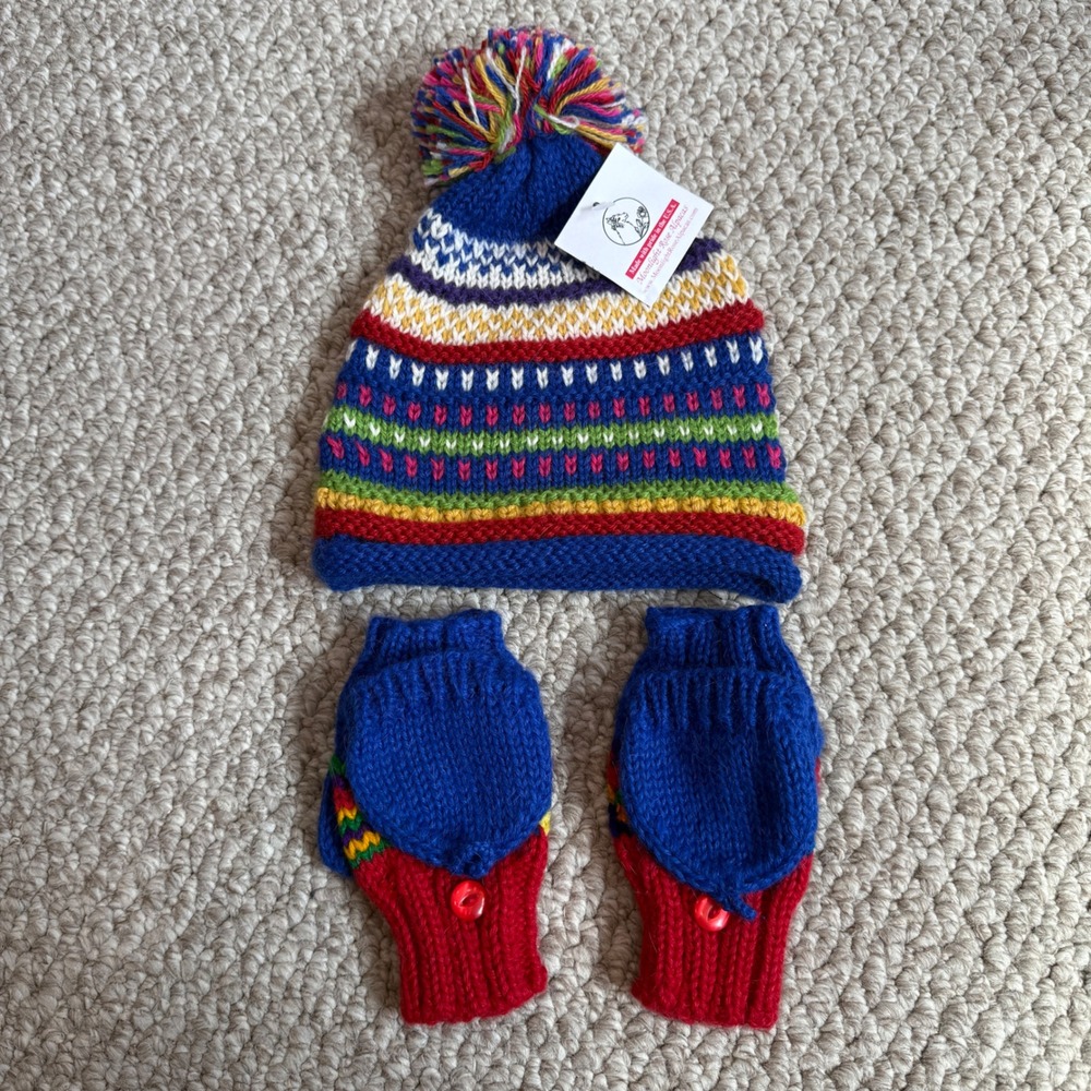Moonlight Rose Alpacas Kids Rainbow Stripe Knit Hat and Mitten‎ Set Made in USA